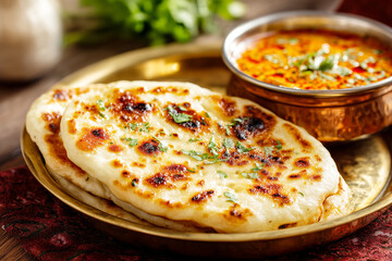 Delicious indian naan bread served with spicy lentil dal curry in a copper bowl close up