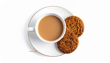 White cup of light brown tea or coffee with two oatmeal cookies on gold-rimmed saucer—evoking comfort and snack-time warmth.