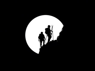 Silhouette of two climbers ascending a mountain peak against a full moon. Logo. Suitable for print