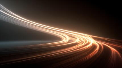Glowing orange and white light trails curving across a dark background abstract energy