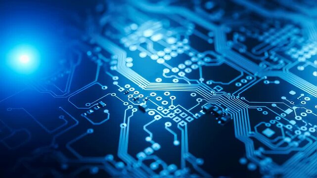 Digital circuit board with glowing light moves across, seamless loop. High tech computer data processing and electronic motion background.