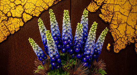A vibrant bouquet of blue and white delphinium flowers with delicate green foliage is artfully arranged against a textured, crackled gold and brown background