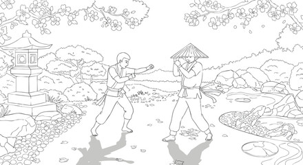 Obraz premium Two men engaged in martial arts training in a serene Japanese garden with a pagoda and cherry blossoms