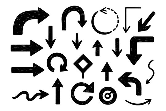 Grunge arrow icons set in hand drawn doodle style, Transparent Background 