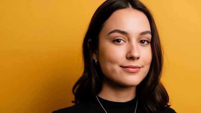 Portrait of Young Woman in Black Top with Neutral Expression Posing Against Yellow Background with Soft Lighting in Studio Setting Adobe Stock Photo