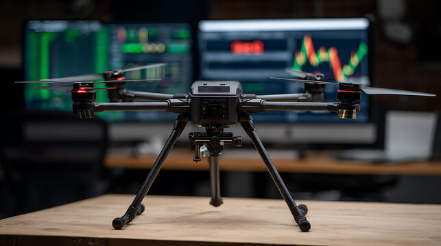 Drone positioned on wooden surface with financial data displays in background