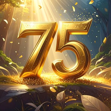 Golden celebratory number 75 on a rocky surface, bathed in sunlight