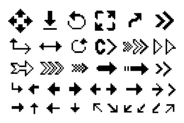 Pixel arrow icons set in retro 8 bit video game style, Transparent Background 