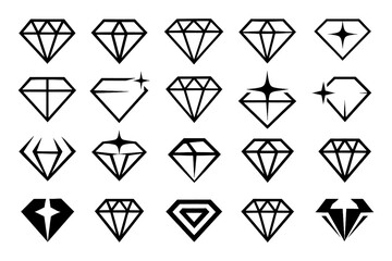 Set of diamond gem icons in minimalist geometric line art style, Transparent Background 