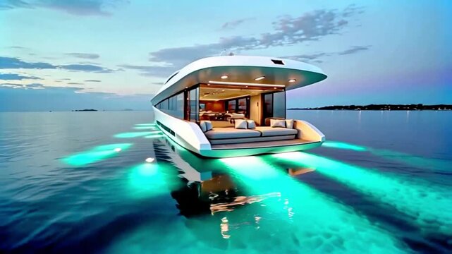 A luxurious yacht floating on crystal-clear waters at dusk, with the interior illuminated, creating a serene and opulent atmosphere.