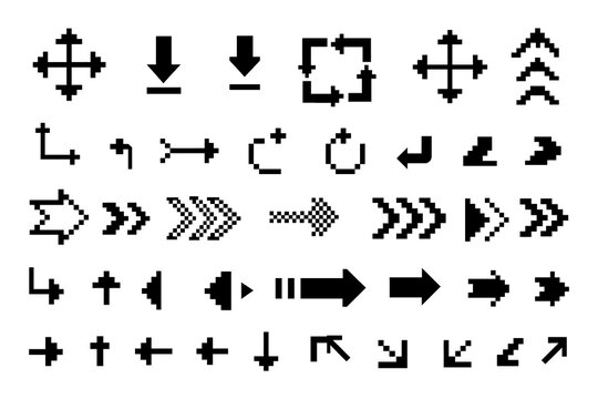 Pixel arrow icons set in retro 8 bit video game style, Transparent Background 