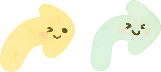 Two cute cartoon arrows with smiling faces, one yellow and one green, in a soft watercolor style.