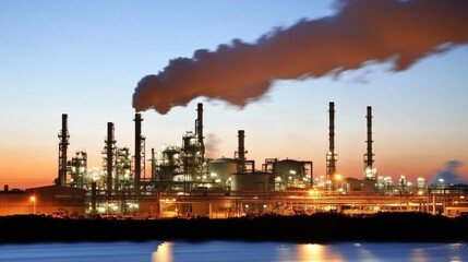 Obraz premium An Industrial Facility at Dusk with Visible Emissions and Reflections in the Environment