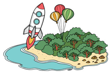 Cartoon island with launching white rocket red nose blue windows fiery exhaust and colorful hot air balloons above green trees sandy beach blue water.