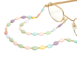 Close-up of Pastel Beaded Eyeglass Chain Attached to Gold Glasses eyeglasses spectacles isolated on a transparent background