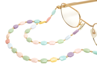 Close-up of Pastel Beaded Eyeglass Chain Attached to Gold Glasses eyeglasses spectacles isolated on a transparent background