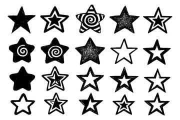 Hand drawn star collection with doodle and textured styles, Transparent Background