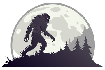 Fototapeta premium Shaggy whitefurred mythical apeman creature with dark face and belt striding in vector illustration.