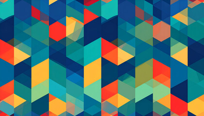 Abstract geometric background with overlapping triangles and rectangles in shades of blue, green, yellow, and red, creating a dynamic pattern.