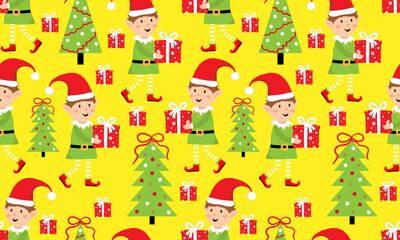 elf boy christmas seamless pattern yellow background new year winter festive holiday wallpaper textile fabric vector illustration