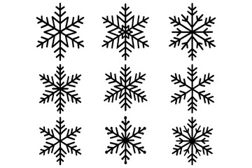 Set of decorative snowflake icons in black silhouette style, Transparent Background