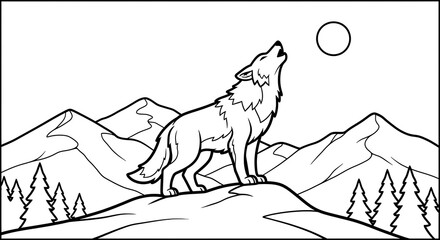 Obraz premium Howling Wolf on Mountain Top Under Full Moon Line Art Illustration
