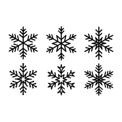 Set of decorative snowflake icons in black silhouette style, Transparent Background