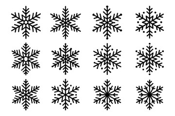 Set of decorative snowflake icons in black silhouette style, Transparent Background