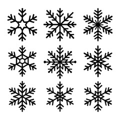 Set of decorative snowflake icons in black silhouette style, Transparent Background
