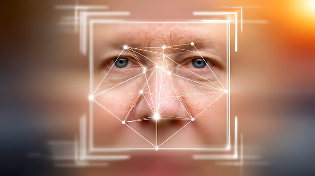 Facial recognition technology overlay on human face with geometric grid and connection points - Powered by Adobe
