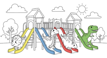 Cute Dinosaurs Playing on Slides at a Playground Coloring Page Illustration  © dingraphwork 