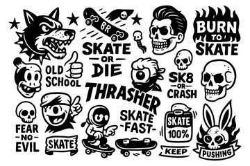 Obraz premium Punk rock and skateboarding graphic set with skulls, skeletons and rebellious symbols, Transparent Background