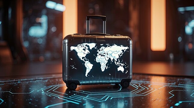 Digital suitcase with glowing holographic world map displayed on its surface against the blurred background