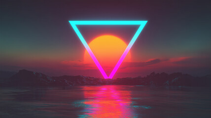 An inverted triangle against the setting sun concept poster. Vapowave sunset landscape. AI artwork. 