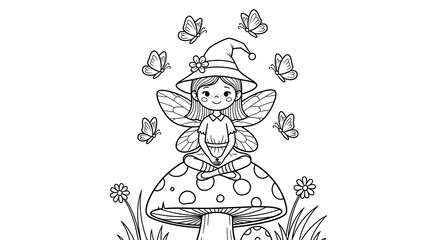 Cute fairy with wings sitting on a mushroom surrounded by butterflies