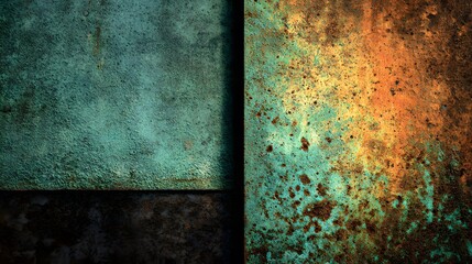 Textured weathered copper and rusted metal surfaces with verdigris patina background aged