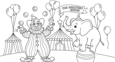 Circus coloring page featuring a clown juggling and an elephant balancing on a ball © dingraphwork 