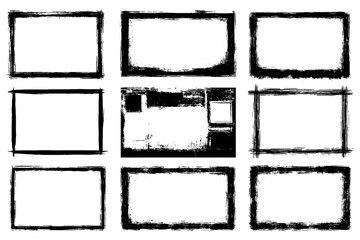Grunge rectangular frames with rough textured edges, Transparent Background
