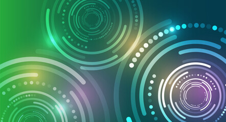 Abstract circular digital interface with glowing green, blue, and purple rings, symbolizing technology, innovation, and futuristic virtual design. Cyber technology cover.