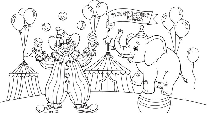 Circus coloring page featuring a clown juggling and an elephant balancing on a ball