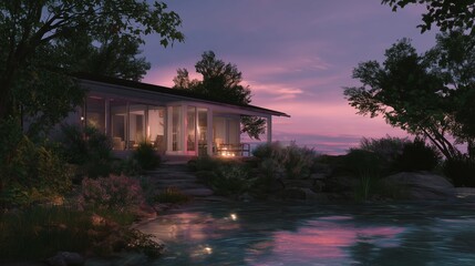 Modern cabin overlooking a serene lake at sunset surrounded by lush greenery