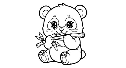 Cute Panda Bear Eating Bamboo Shoot Black and White Line Art