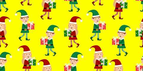 yellow festive seamless pattern with cute christmas elves and holiday gifts