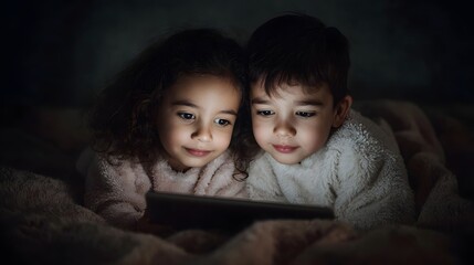 Two young siblings lie in bed engrossed in a tablet bathed in its soft glow during a cozy evening at home