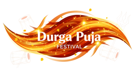 Dynamic durga puja festival graphic with fiery abstract elements and glowing text isolated on transparent background