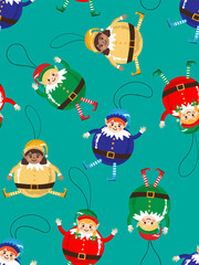 bright modern poster Christmas elves in form of Christmas tree decorations balls emerald background New Year decorations postcards web design