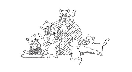 Playful Kittens Interacting with a Large Ball of Yarn in Black and White