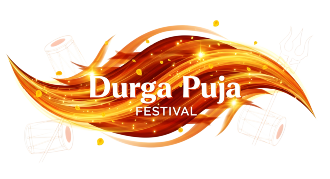 Dynamic durga puja festival graphic with fiery abstract elements and glowing text isolated on transparent background