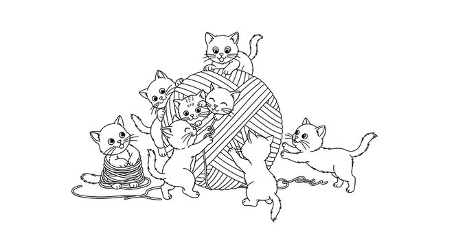 Playful Kittens Interacting with a Large Ball of Yarn in Black and White