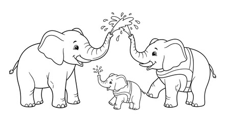 Elephant Family Coloring Page Mother Father and Baby Elephant Playing with Water